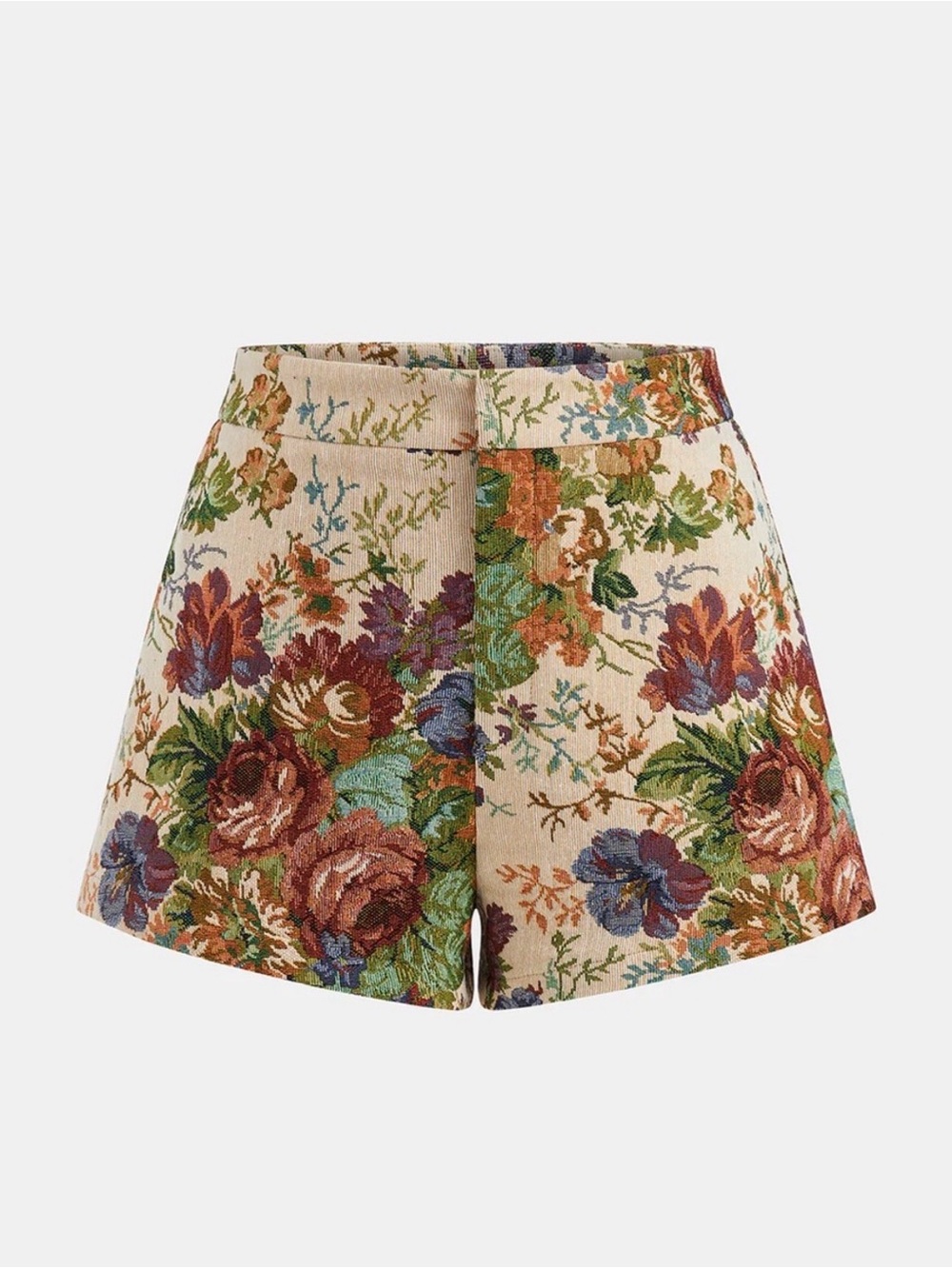 Commense Floral Jacquard High-Waist Shorts - Cream with Multicolor Blooms
